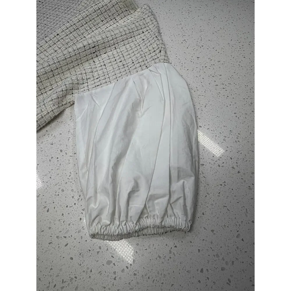 ZARA Textured Tweed Crop Top Blouse Puff Sleeve White size L - Picture 7 of 9